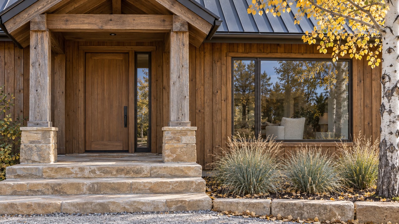 A timber-clad home's recessed entrance and broad window above worn sandstone steps, beside golden aspen leaves.