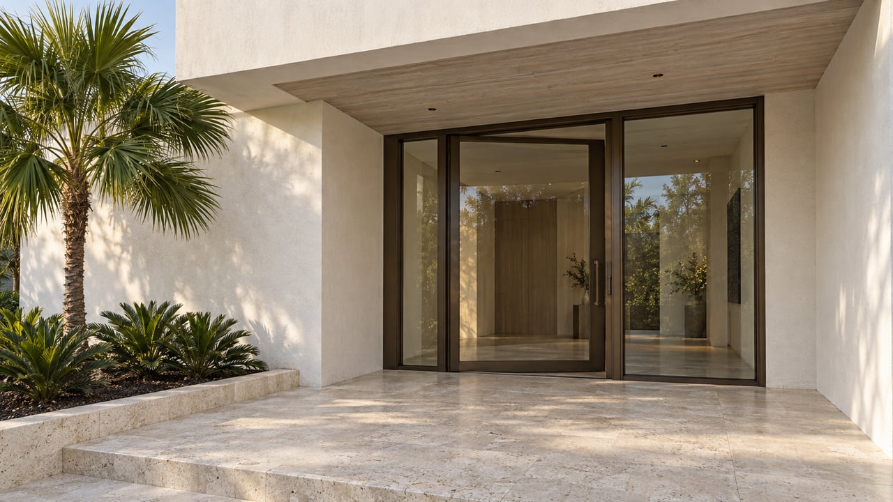 White stucco residence with a deep wood soffit, bronze-framed glass entry and weathered limestone landing beside a specimen fan palm.