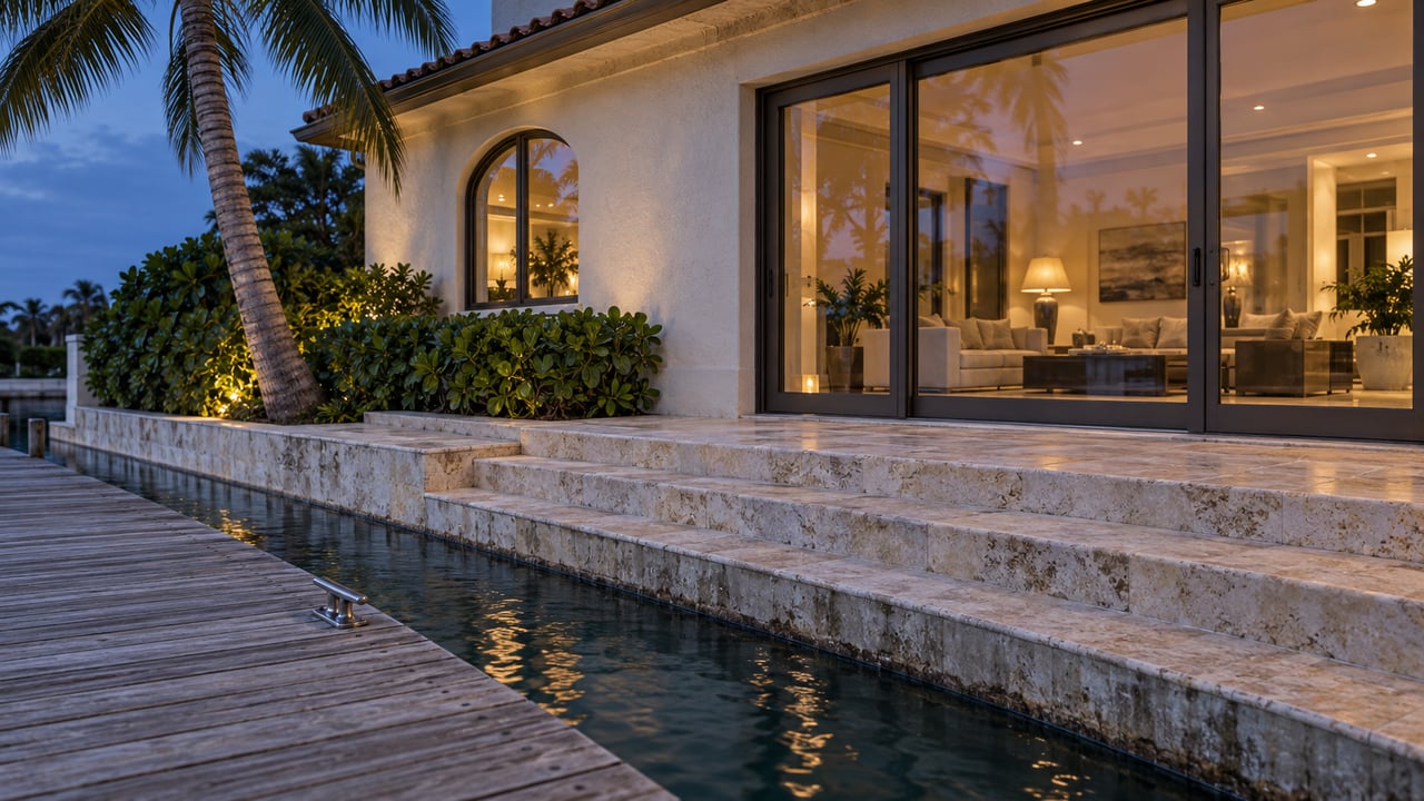 Waterfront house with warm light behind bronze-framed glass, limestone terrace, timber dock, and dark canal water.