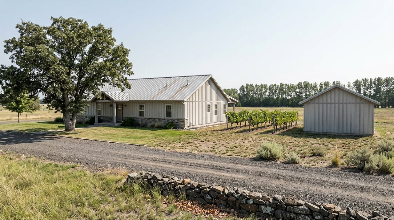 Country home and detached outbuilding beside four rows of grapevines, with a gravel drive and oak tree.