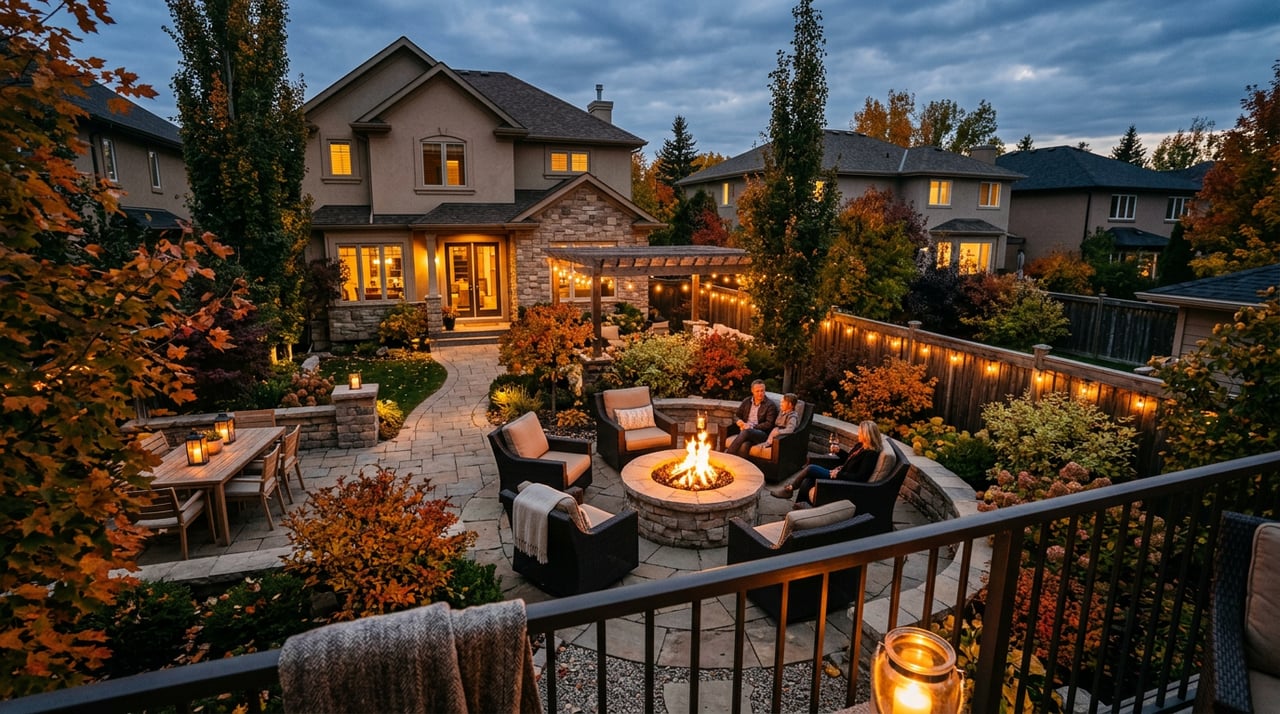 Stone firepit between two Adirondack chairs on a bluestone terrace, with autumn tree beyond the lawn.