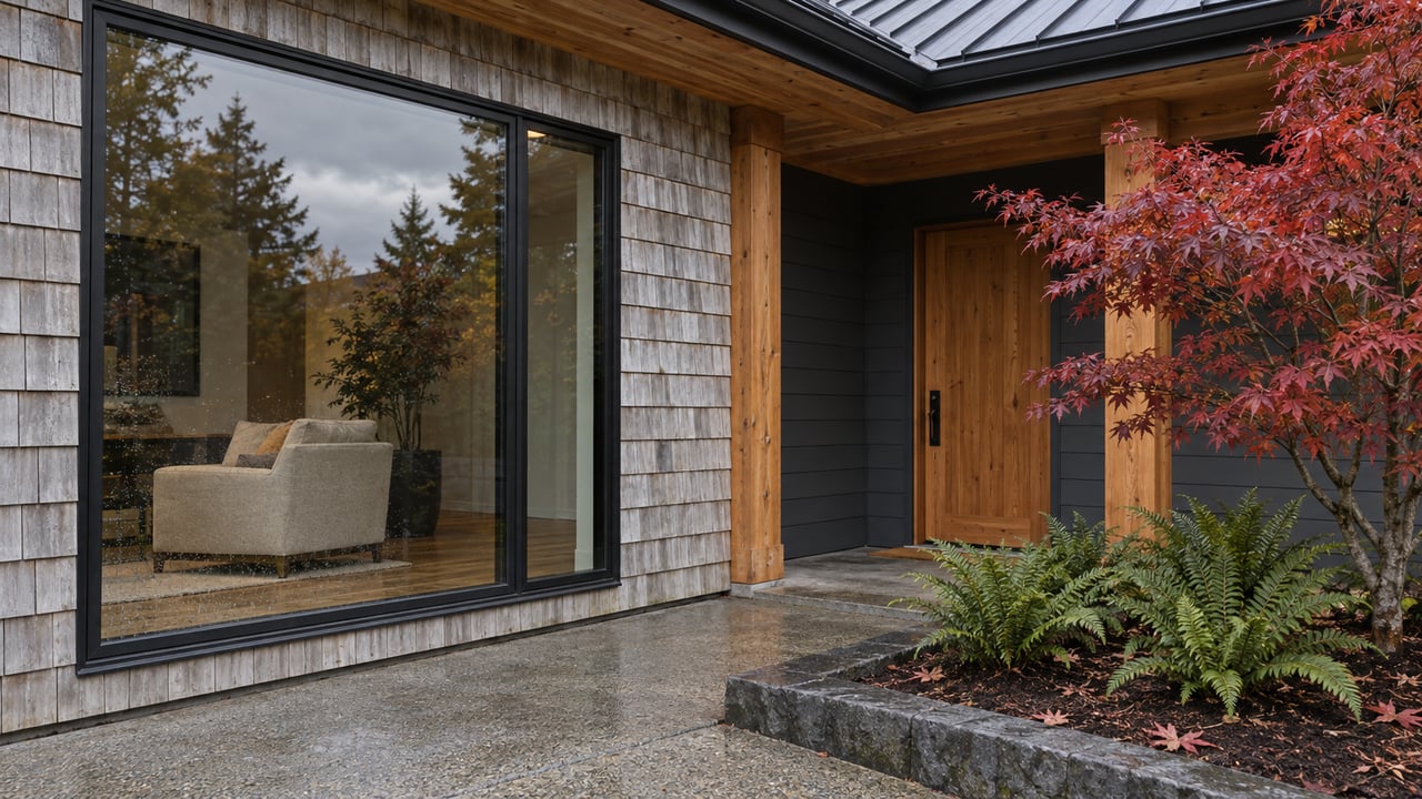 Rain-darkened cedar home exterior with a tall black-framed window, sheltered entry and red Japanese maple beside a basalt-edged garden.