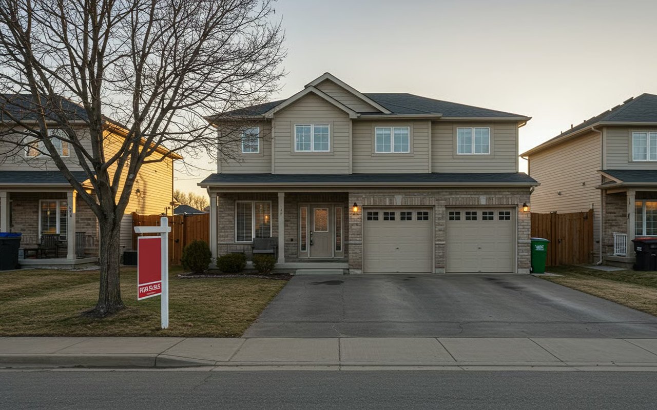 Two-story suburban home with a stone facade, double garage, and a for-sale sign in the front yard.