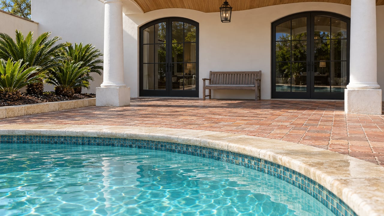 Turquoise pool beside a terracotta terrace, white stucco columns and arched black-framed glass doors beneath a wood ceiling.