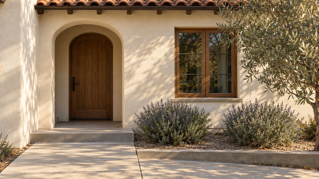 Cream stucco house with an arched oak entry, casement window, clay-tile eave, and small olive-planted bed.