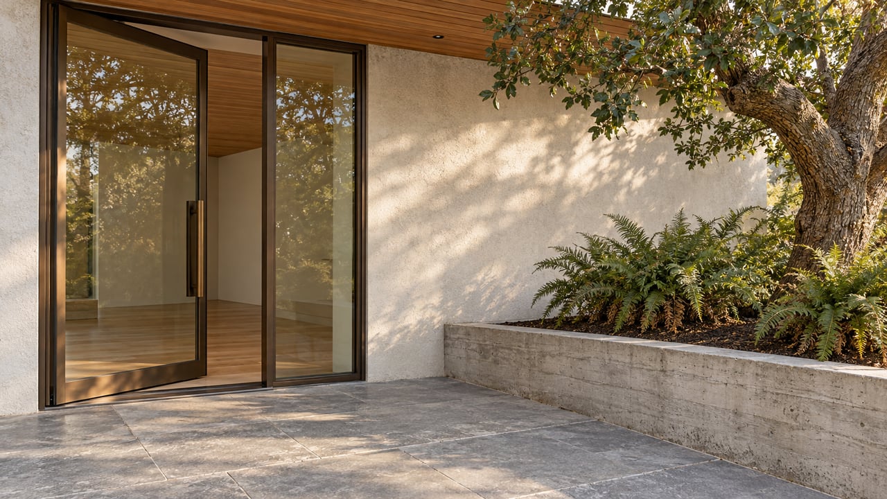 Glazed entry beneath a cedar soffit, with limestone paving and a concrete planter holding a mature oak and sword ferns.