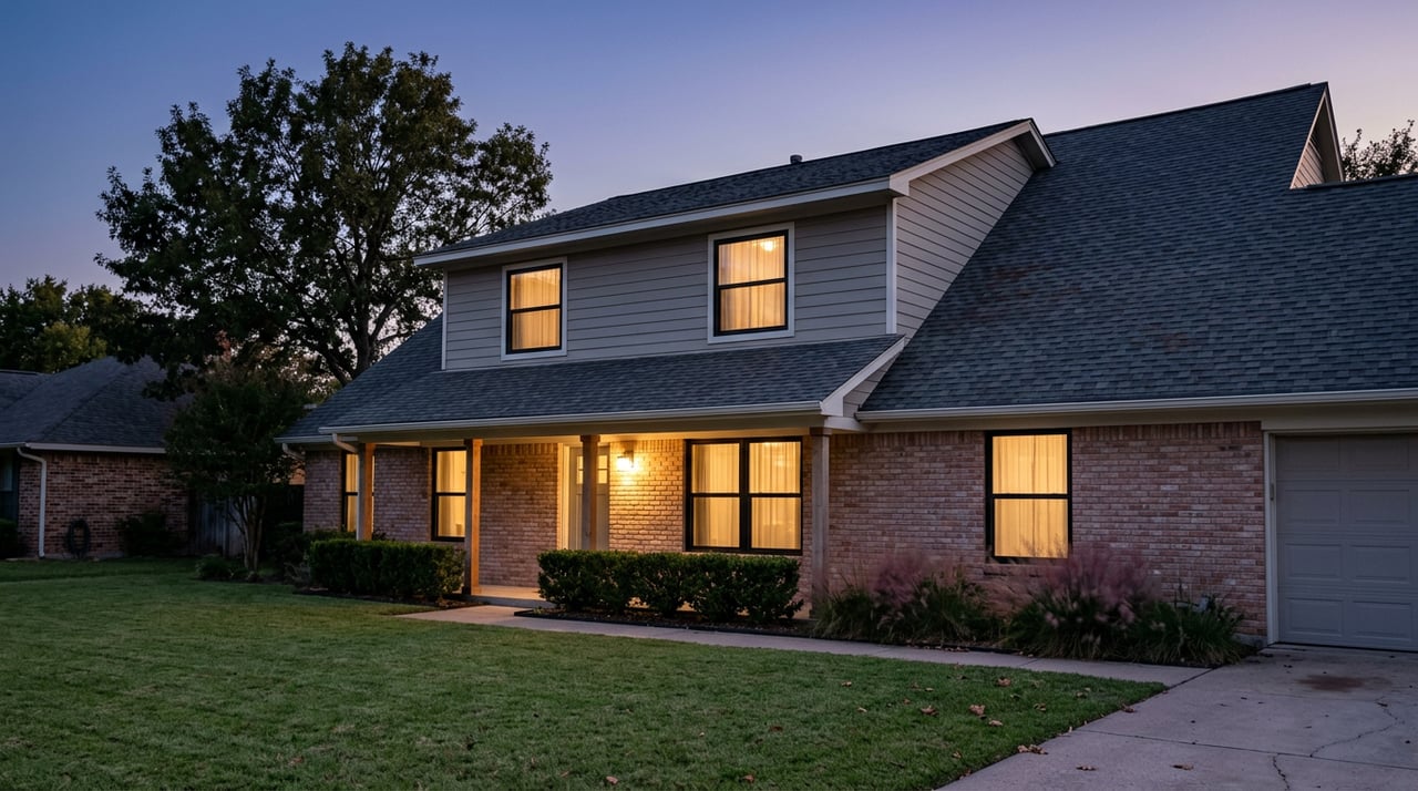 Suburban home with a brick lower facade and gray siding, warm glowing windows, and an oak silhouetted against the dusk sky.