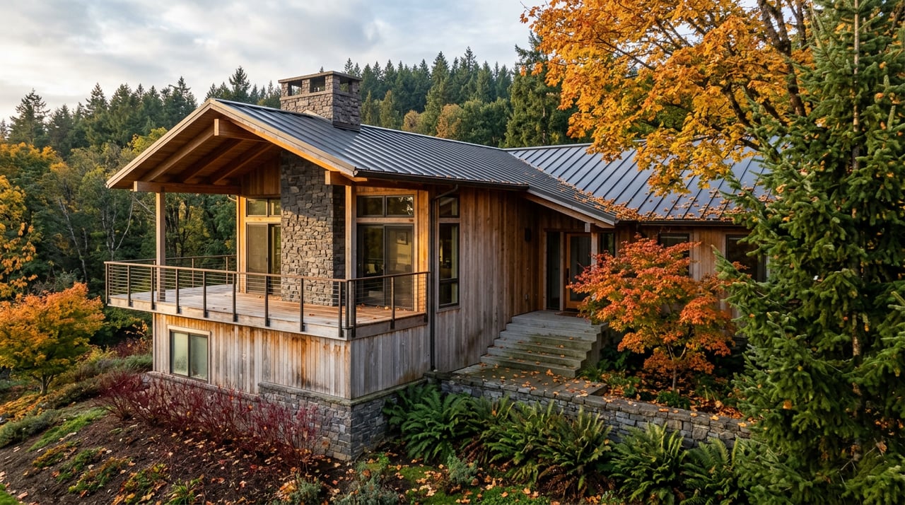 Northwest contemporary home with cedar siding, basalt stonework, and a cantilevered deck among autumn trees.