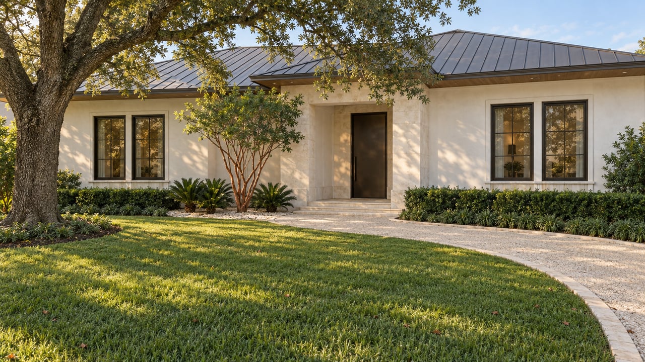 Renovated coastal-traditional home with a recessed entry, shell-aggregate approach, deep lawn, and mature live oak.