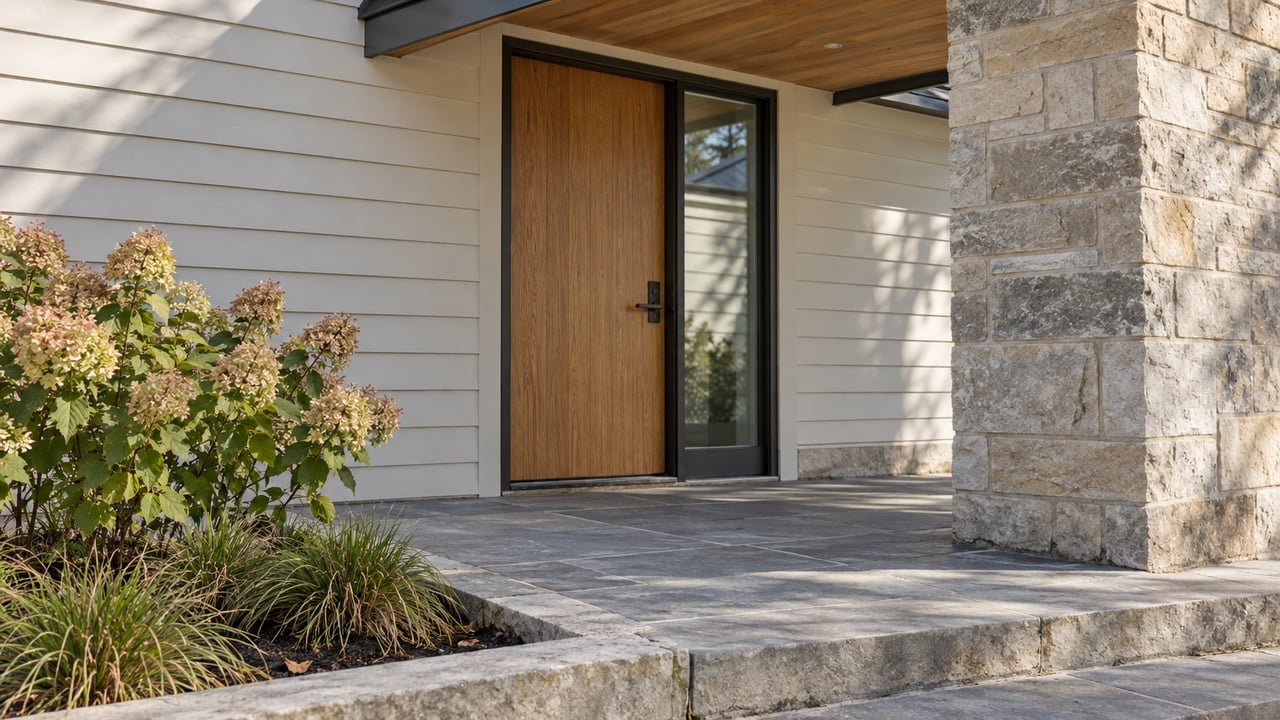 Sunlit oak entry door beside a limestone pier, with bluestone steps and faded pink hydrangea flowers.