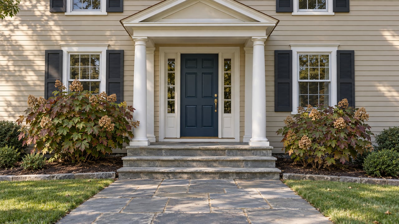 Beige clapboard home with a white pedimented entry, blue front door, bluestone steps and autumn oakleaf hydrangeas.