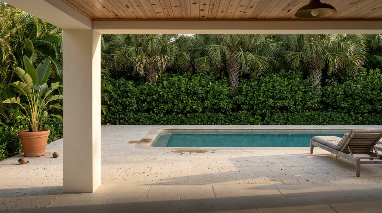 Still turquoise pool beside a weathered teak lounge chair, framed by a stucco column and tropical palms.