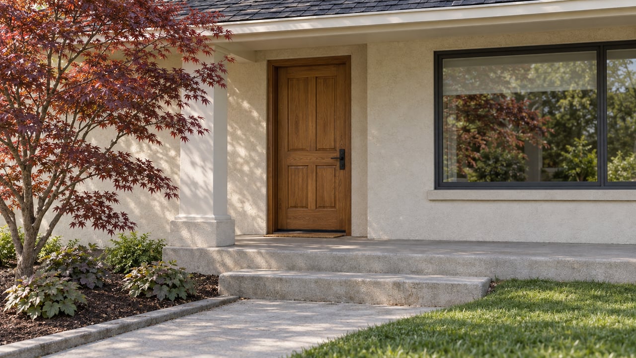 Cream stucco home entry with an oak door, concrete porch steps and a burgundy-leaved maple.