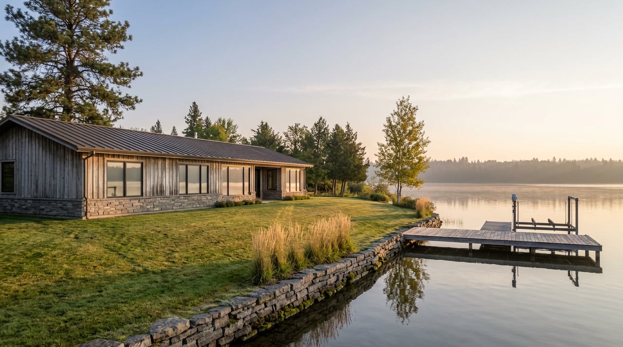 Silver-gray cedar lake house overlooking a sloping lawn, stone wall, and private dock on calm water