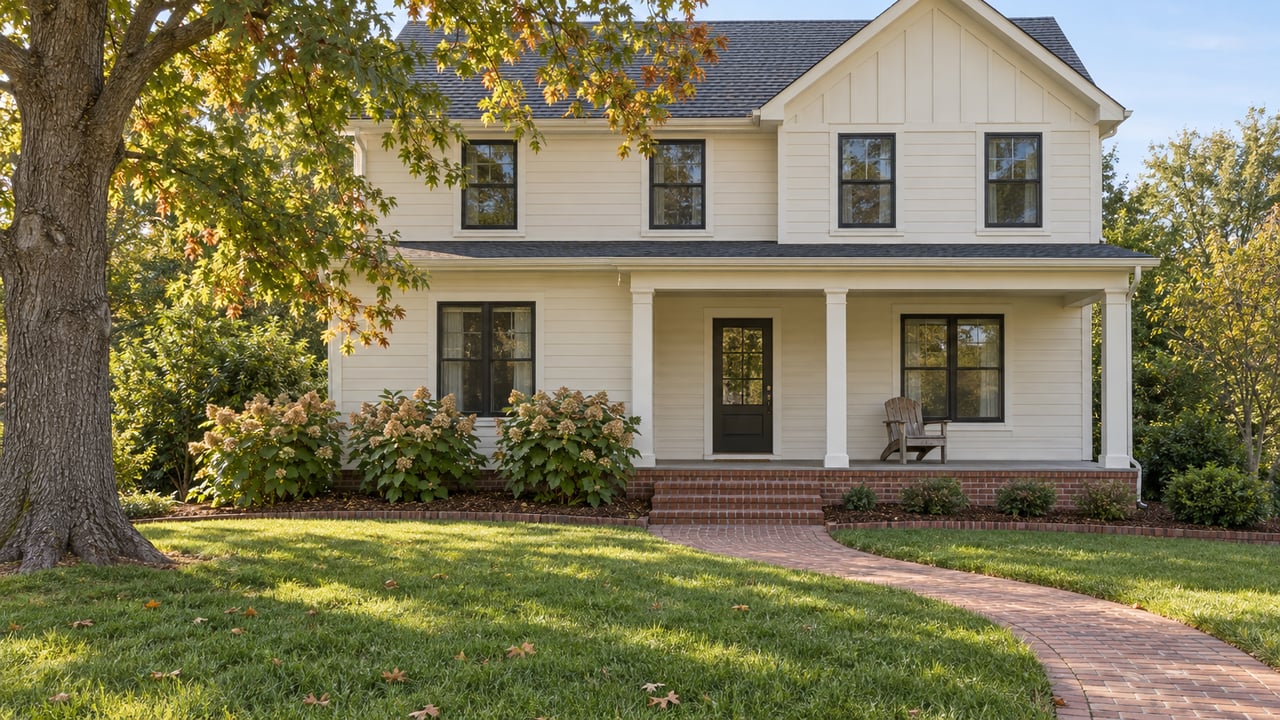 Ivory gabled home with a brick foundation, covered porch and curved brick walk across a deep lawn beneath a mature oak.