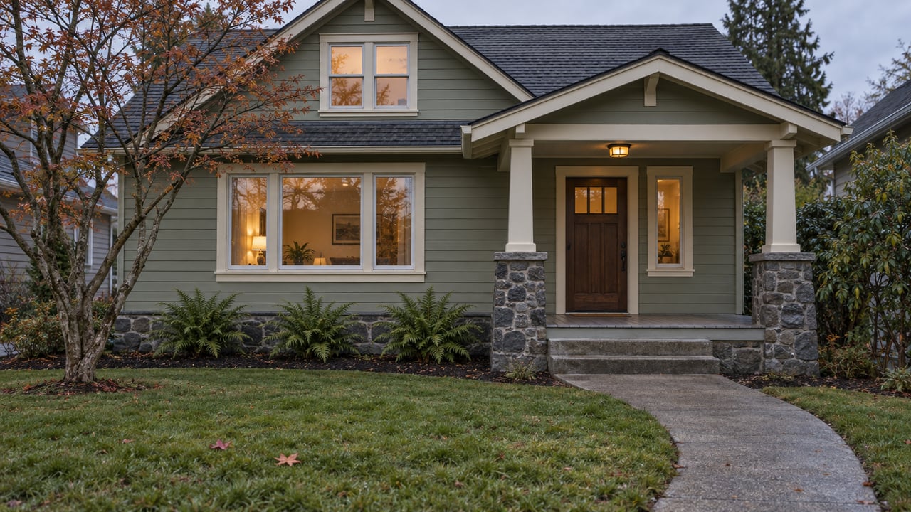 A sage-sided home with a covered porch, stone foundation, warm windows, and a damp autumn lawn at dusk.