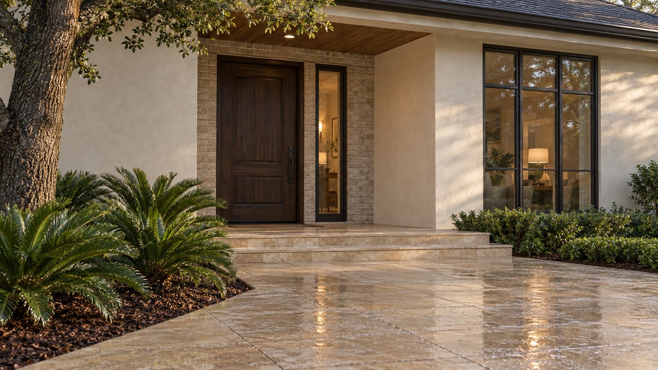 Recessed oak entry with a glazed sidelight, wet limestone steps, and cycads beneath a live oak.