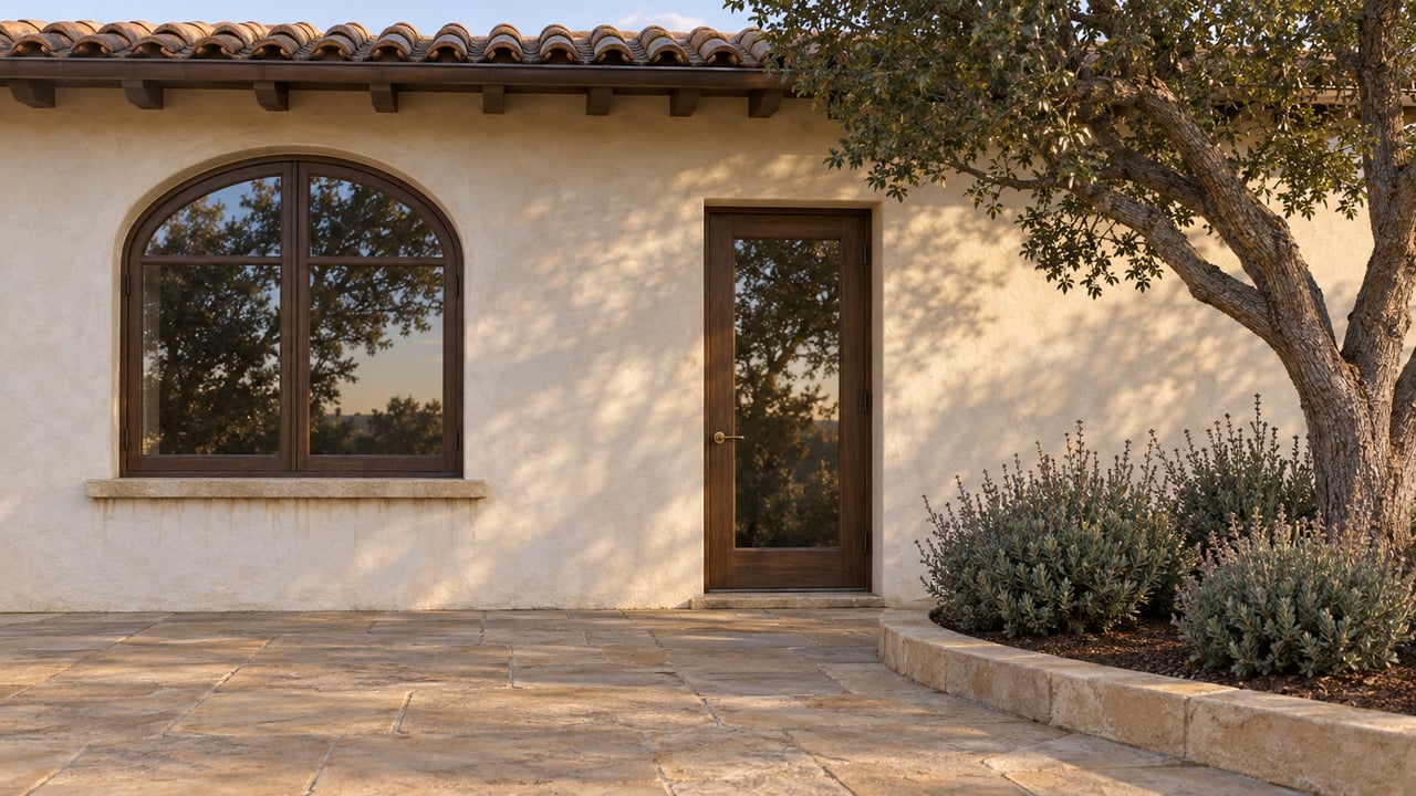 Cream stucco home with clay roof tiles, an arched wood-framed window and a sandstone garden terrace beside a mature oak.