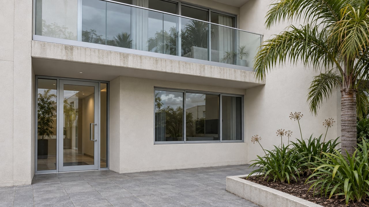 Light stucco residence with a glass balcony, enclosed glazed entrance, gray paved court and a sculptural palm.