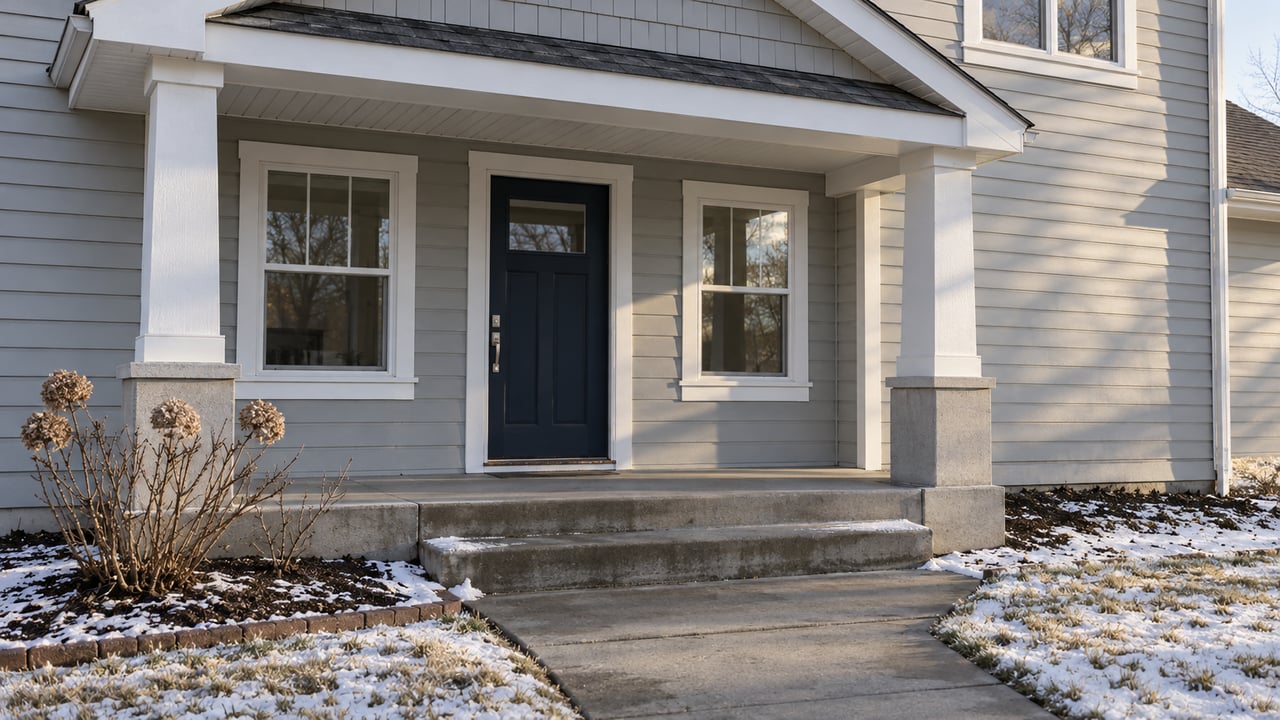 Winter sunlight across a gray-sided home's white porch, navy front door and lightly snow-covered lawn.