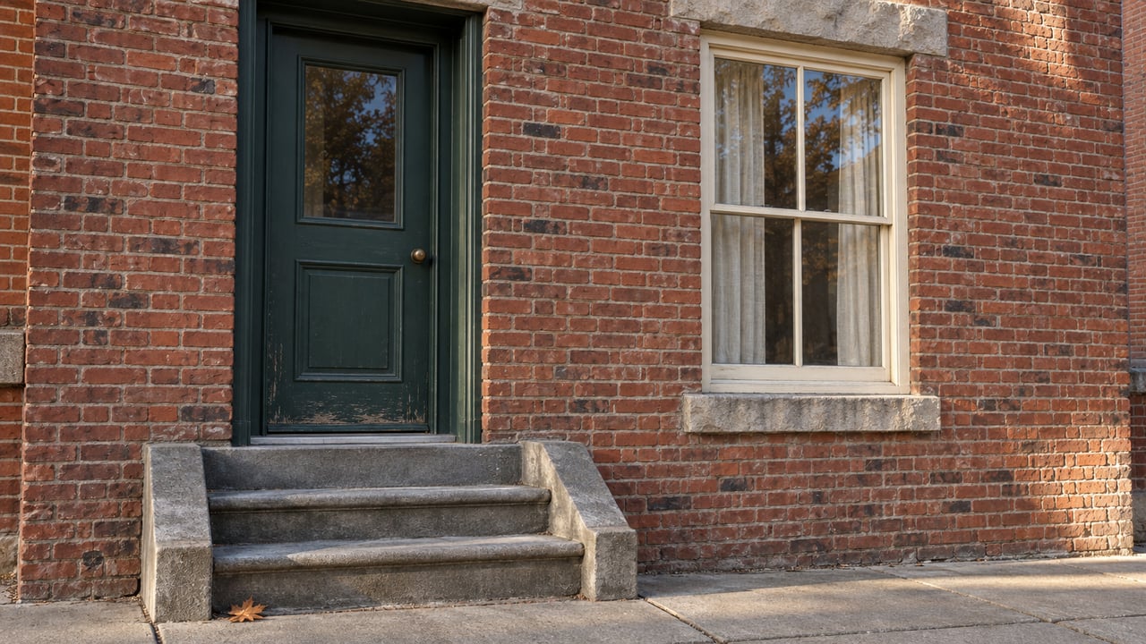 Afternoon light grazes an old red-brick residence with a green door, cream sash window and worn bluestone steps.