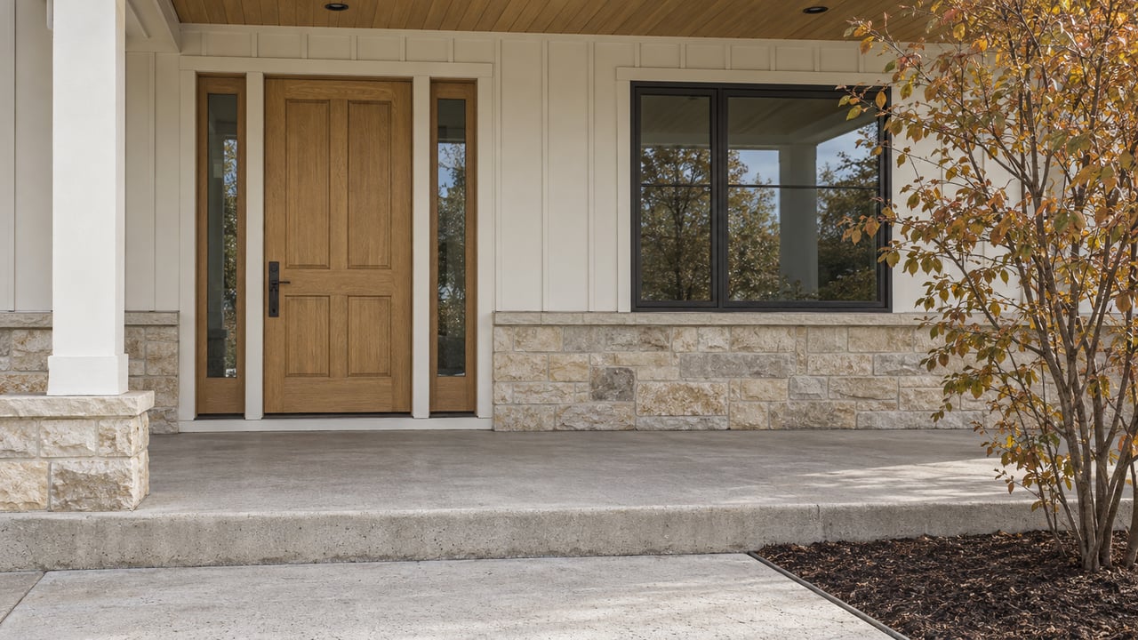 Covered entry with a paneled oak door, paired glass sidelights, white board-and-batten siding, limestone accents and an amber-leaved serviceberry.