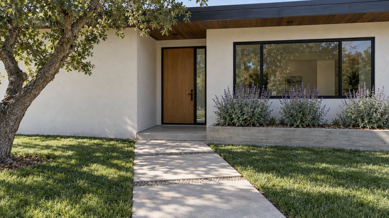 Sunlit stucco home entrance with a recessed oak door, concrete walkway, lawn and silver-green sage planting.