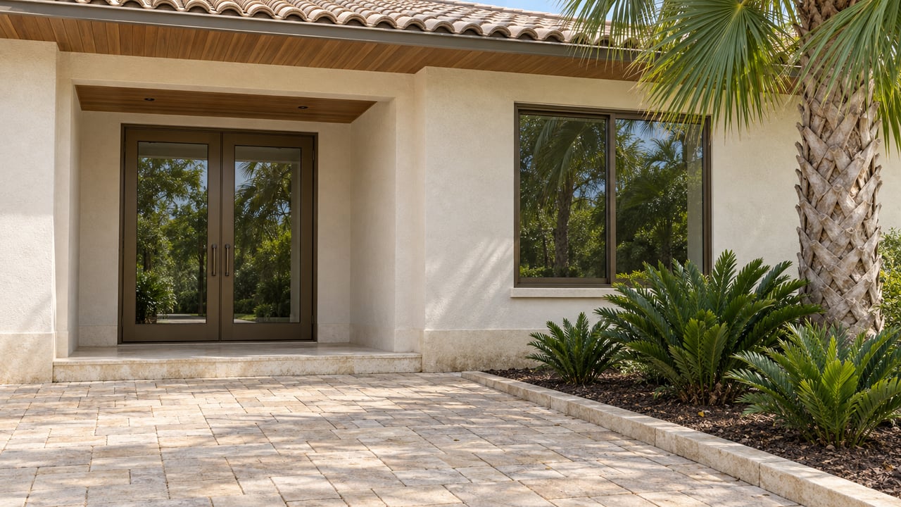 Ivory stucco home entrance with paired bronze-framed glass doors, cypress soffit, pale pavers and a sculptural palm beside a planted bed.