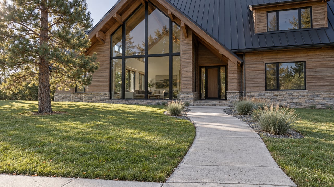 Two-story timber-and-stone house with black-framed glazing, a curving concrete walk, lawn, and pine tree.