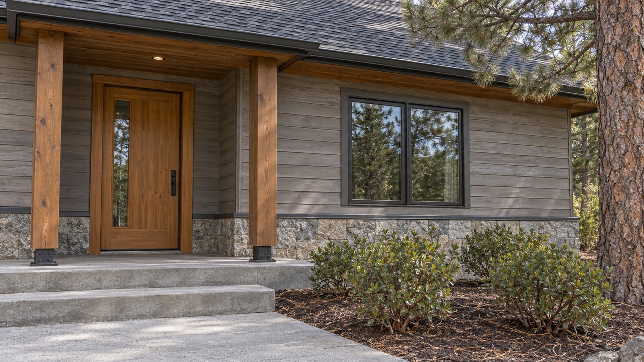 Weathered cedar home with a sheltered timber entry, granite base, concrete steps and pine-side planting.