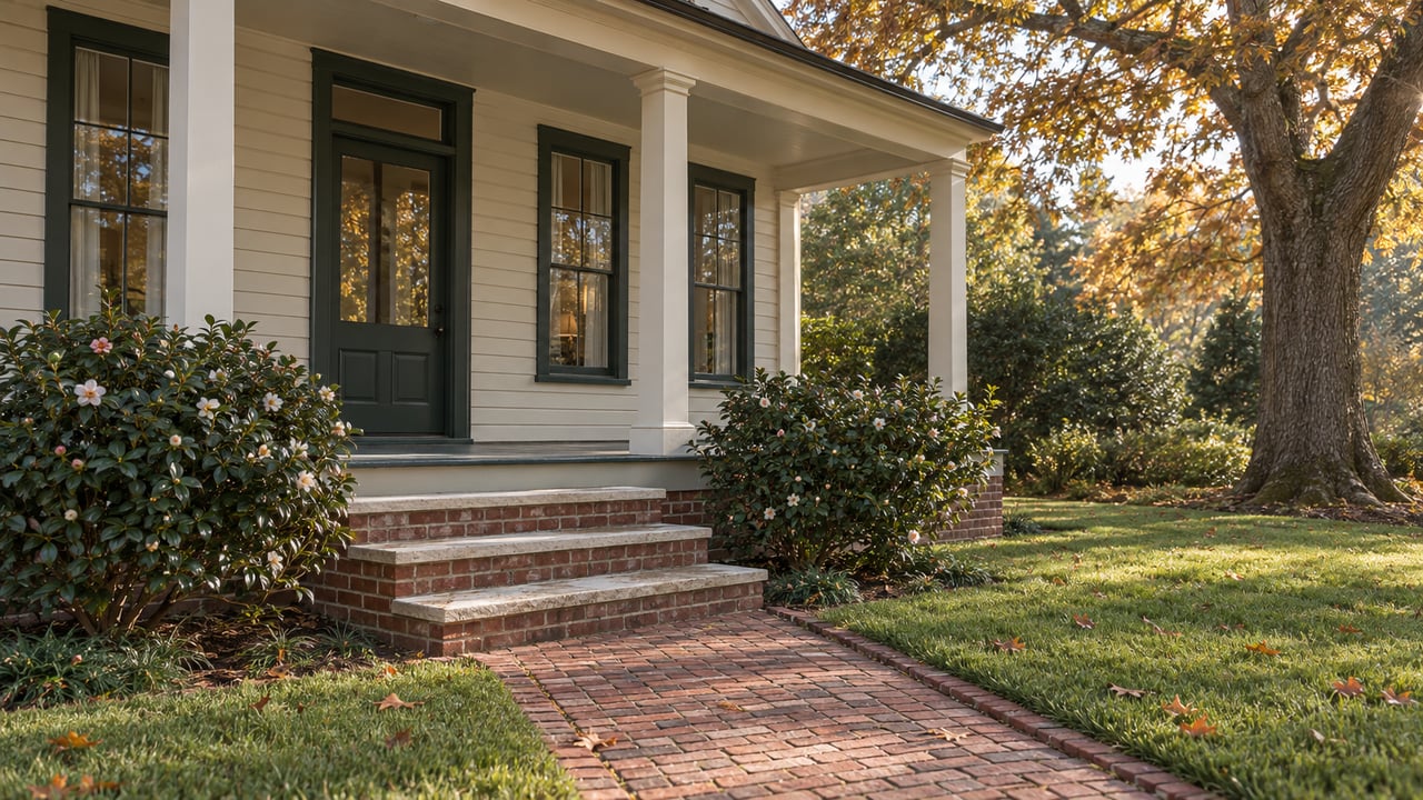 Historic cream clapboard house with a deep lawn, brick approach, broad porch, and amber-leaved oak.