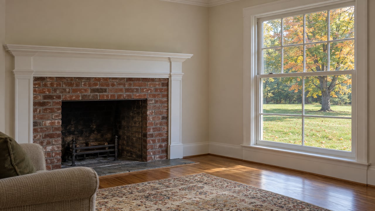 Living room with a red-brick fireplace and divided-light window overlooking a lawn and ambering maple.