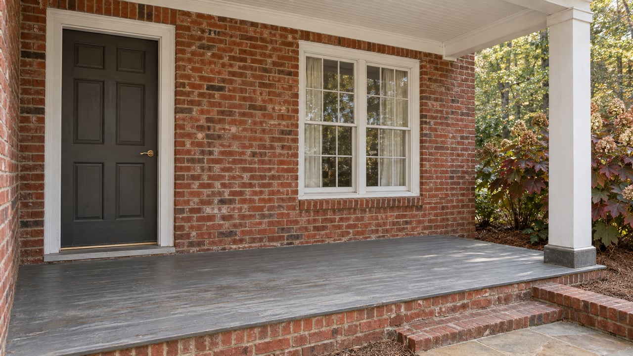 Red-brick home entry with a charcoal door, white-framed window and weathered painted porch beside an oakleaf hydrangea.