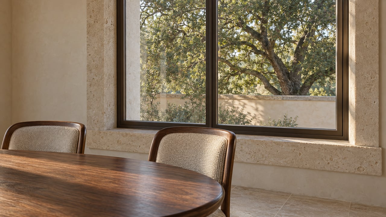 Walnut dining table and two upholstered chairs beside a deep limestone window reveal overlooking a mature live oak.