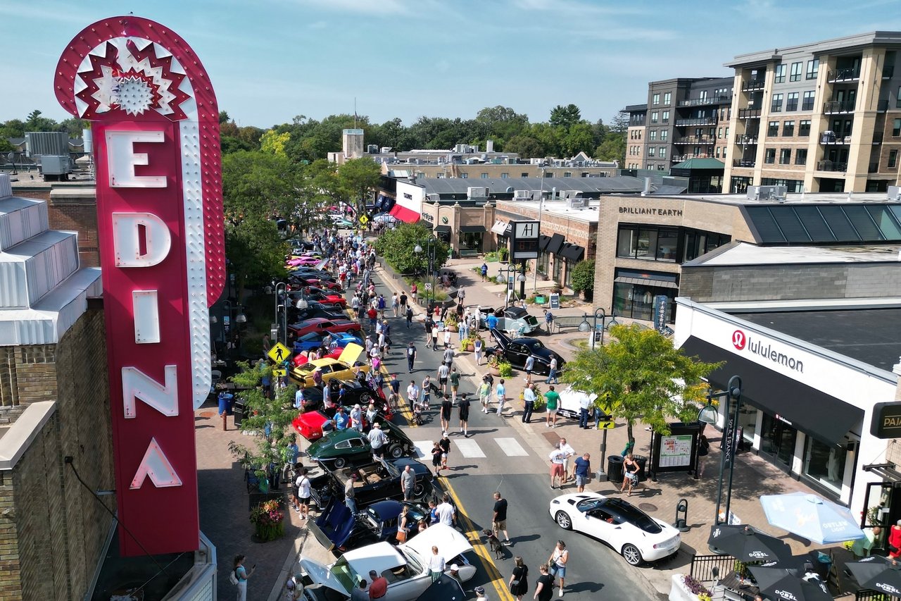 Aerial view of the Edina Car Show at 50th and France in Edina