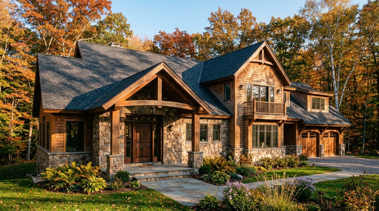 Large stucco-and-stone home with a cedar-framed entry, curved walkway, and mature conifers behind its gabled roof.