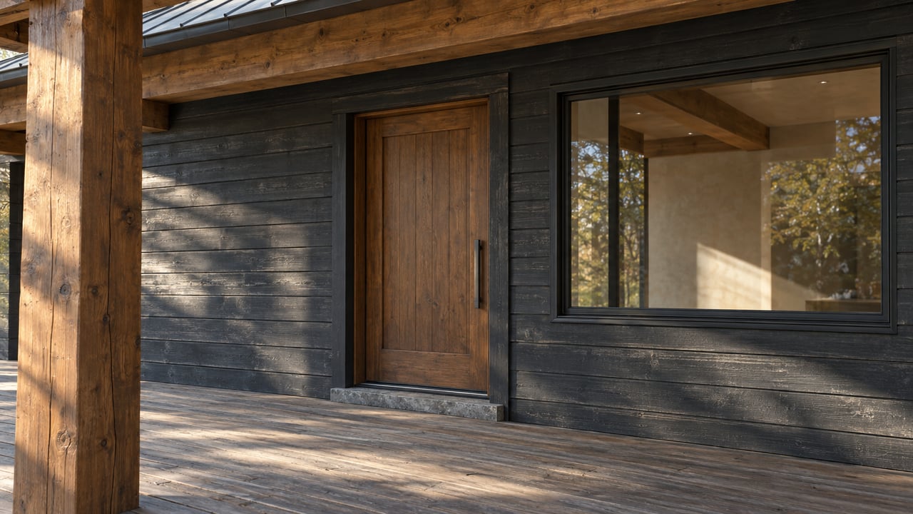 Deep timber porch with a closed wood door, large dark-framed window, and weathered floorboards.