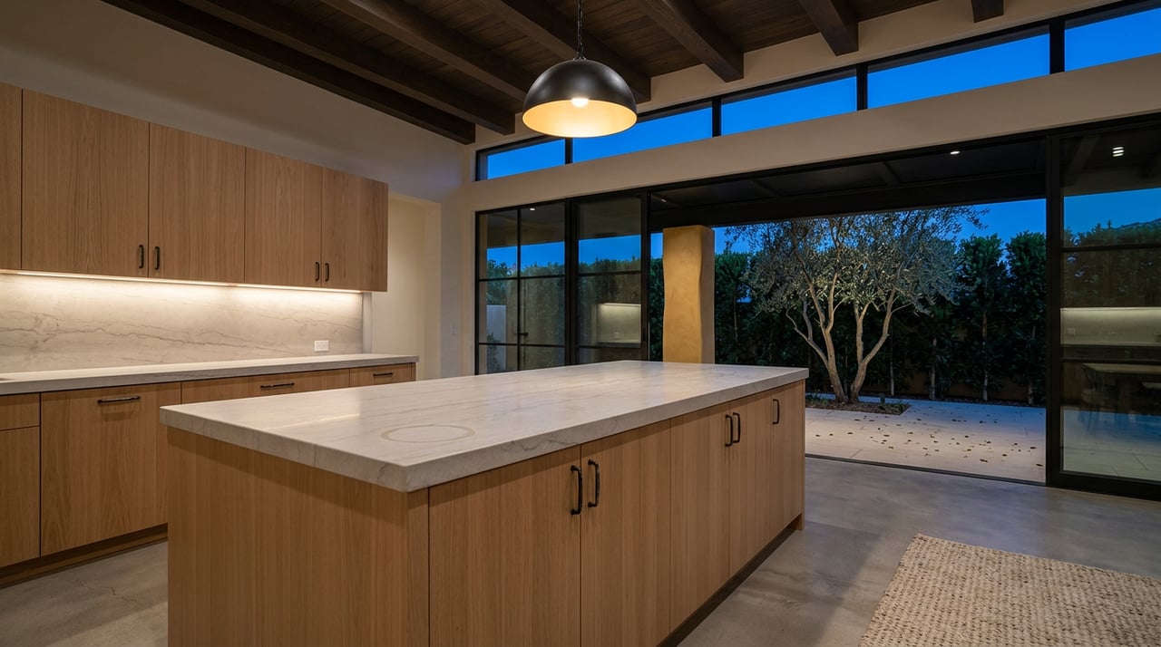 Great room with a pale stone island, black-framed glass doors, and an uplighted olive tree outside at dusk.