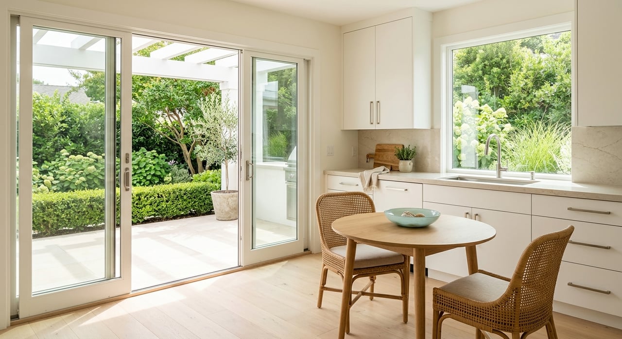 Modern kitchen with breakfast nook, open patio doors, clipped hedge, and sunlit oak floor.