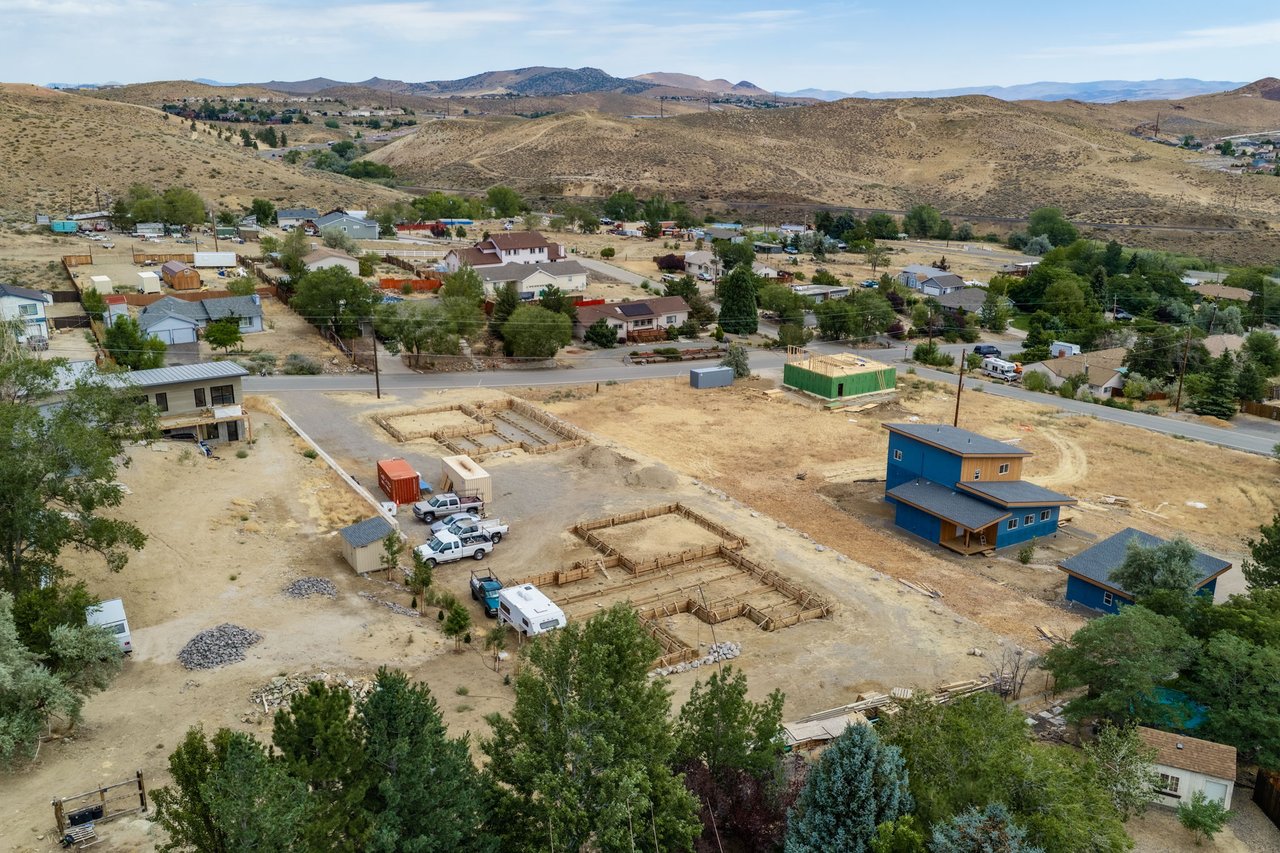 Aerial view of two buildable residential lots located on Hoge Road in Reno, Nevada.