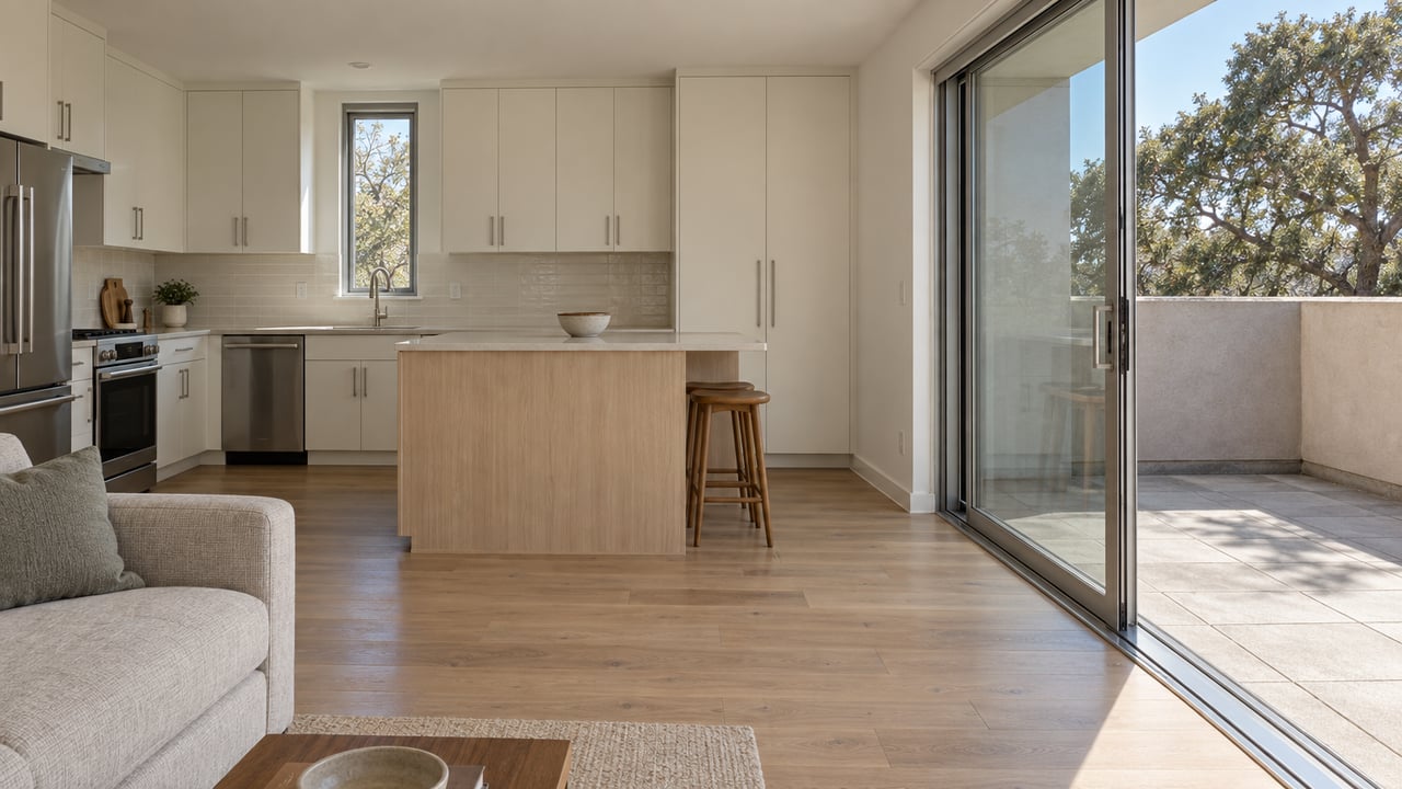Compact condominium living room with pale-oak peninsula, sliding glass doors, and a shallow paved terrace.