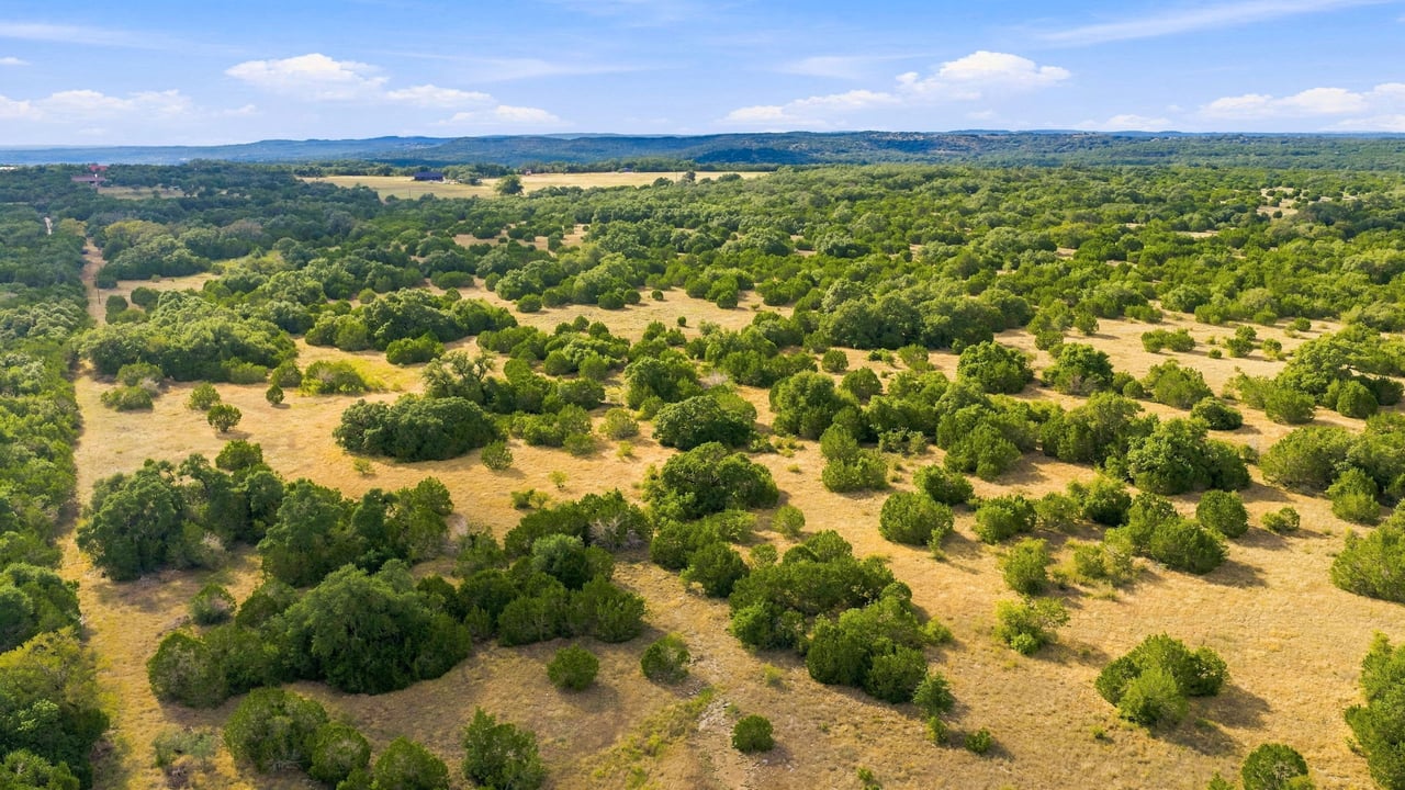 Aerial view of rolling ranchland dotted with trees, with distant wooded hills on the horizon.
