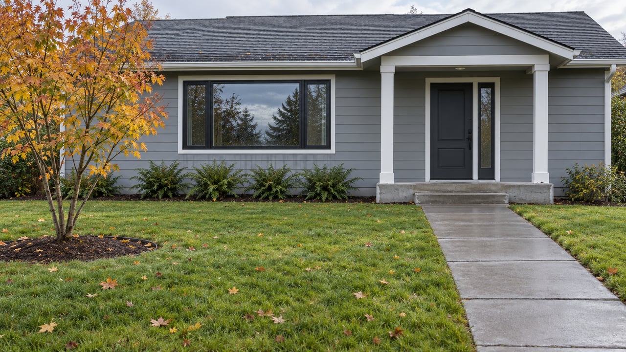 Updated gray gabled house beyond a damp autumn lawn, with black-framed windows, a concrete front walk, and a yellow-orange vine maple.
