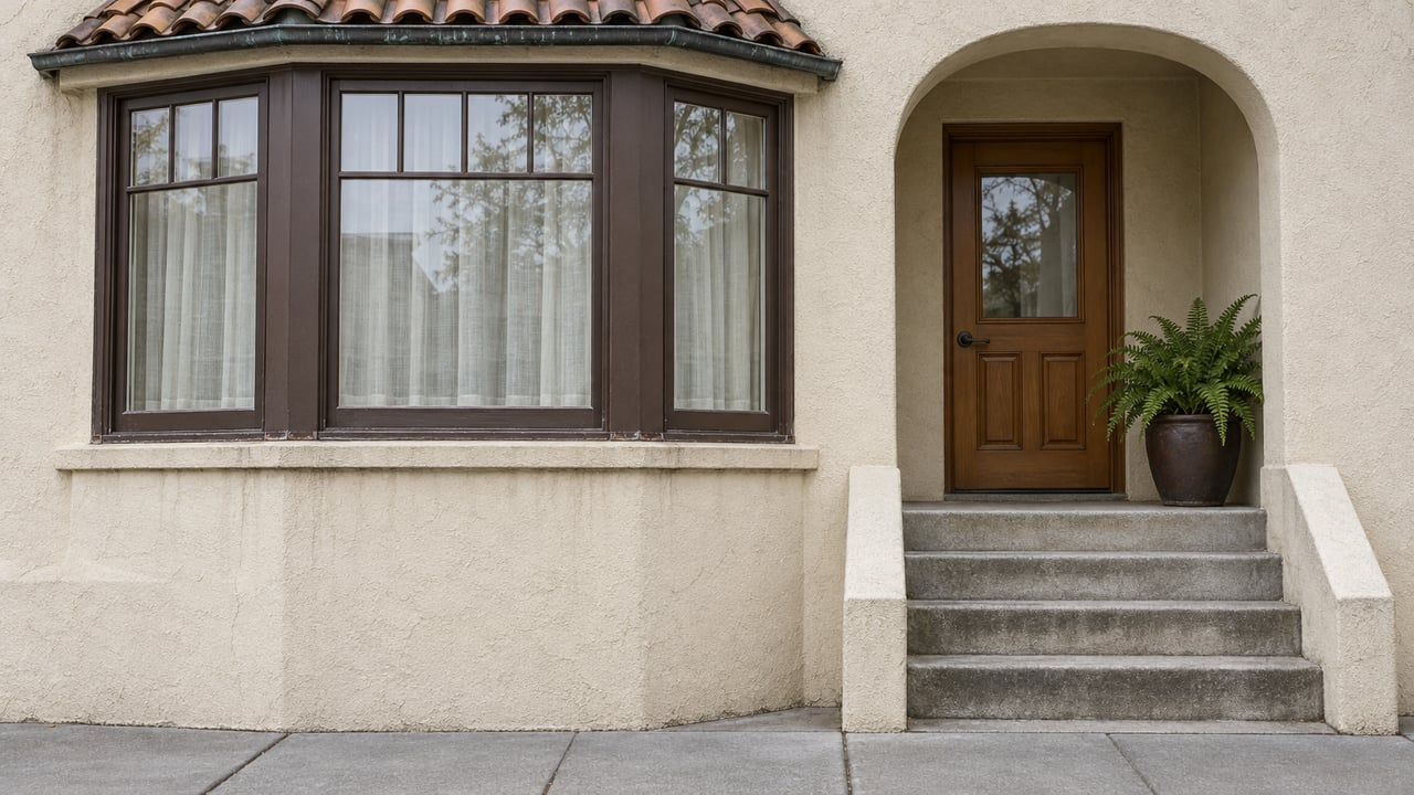 An ivory stucco home with dark wood bay windows, a clay-tiled canopy, and a recessed arched doorway reached by concrete steps.