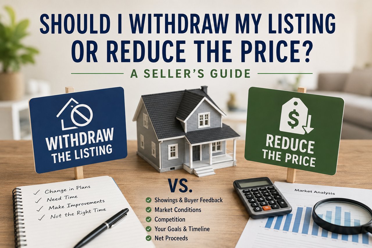 Home seller deciding whether to withdraw a real estate listing or reduce the asking price after the property has been sitting on the market.