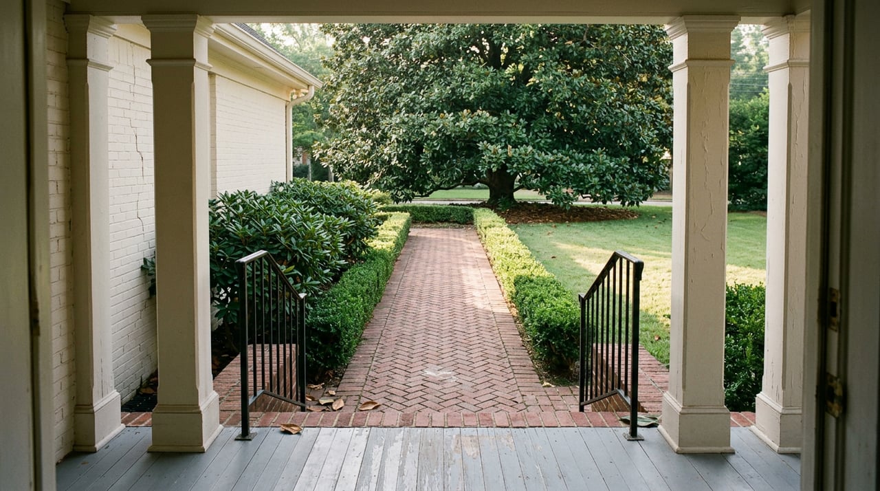 Brick walkway bordered by clipped hedges leads from a columned porch to a broad magnolia tree.