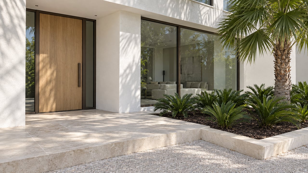 Contemporary white stucco home entrance with an oak door, bronze-framed glazing, limestone terrace and a mature fan palm in clear daylight.