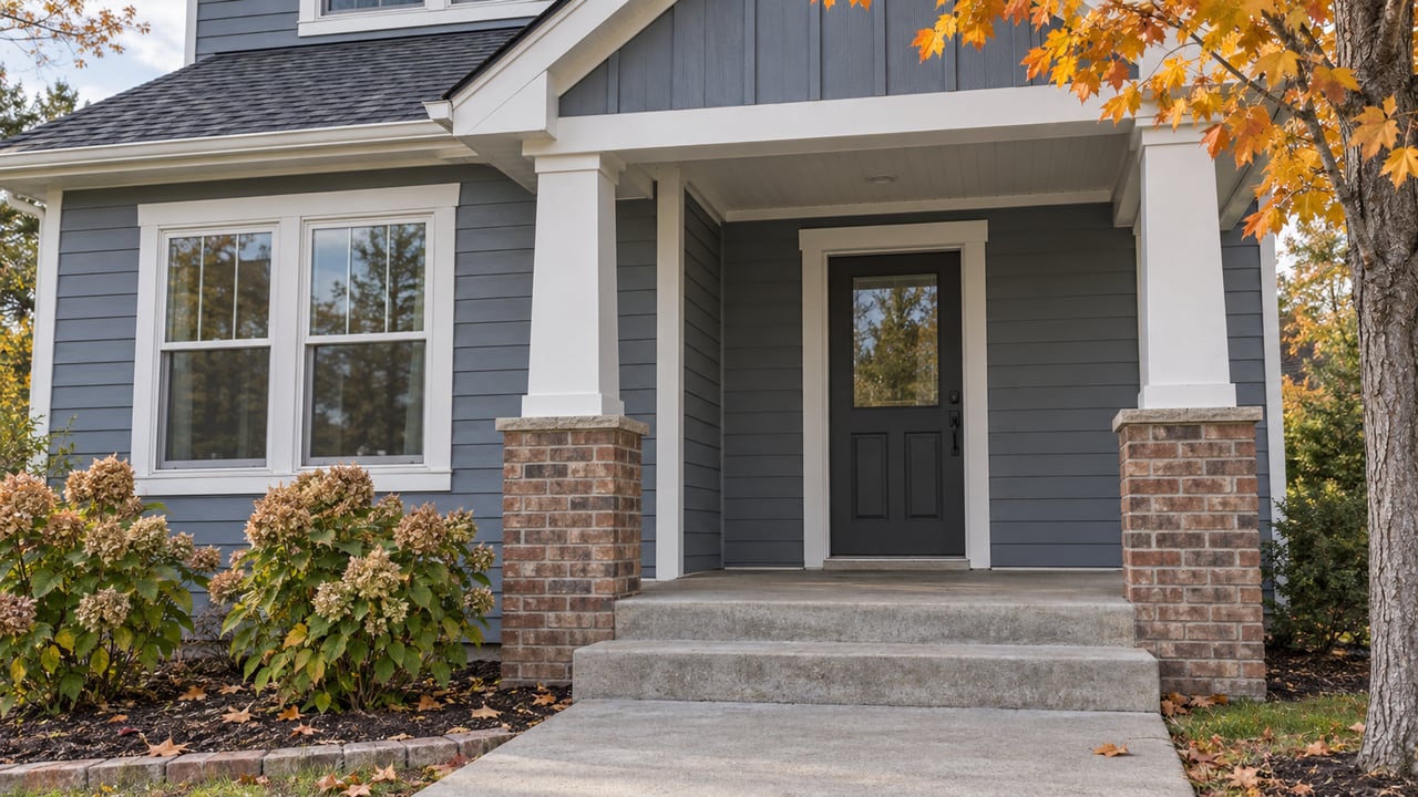 Covered home entry with blue-gray siding, brick porch piers, concrete steps, and orange maple leaves.