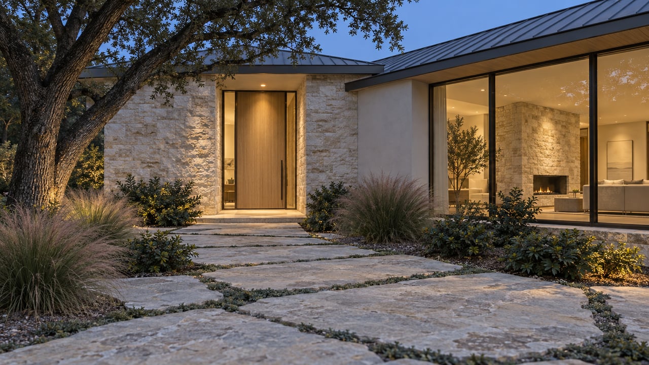 Limestone-and-stucco home with an oak entry door, glowing living-room windows, and a stone path beneath an oak tree.