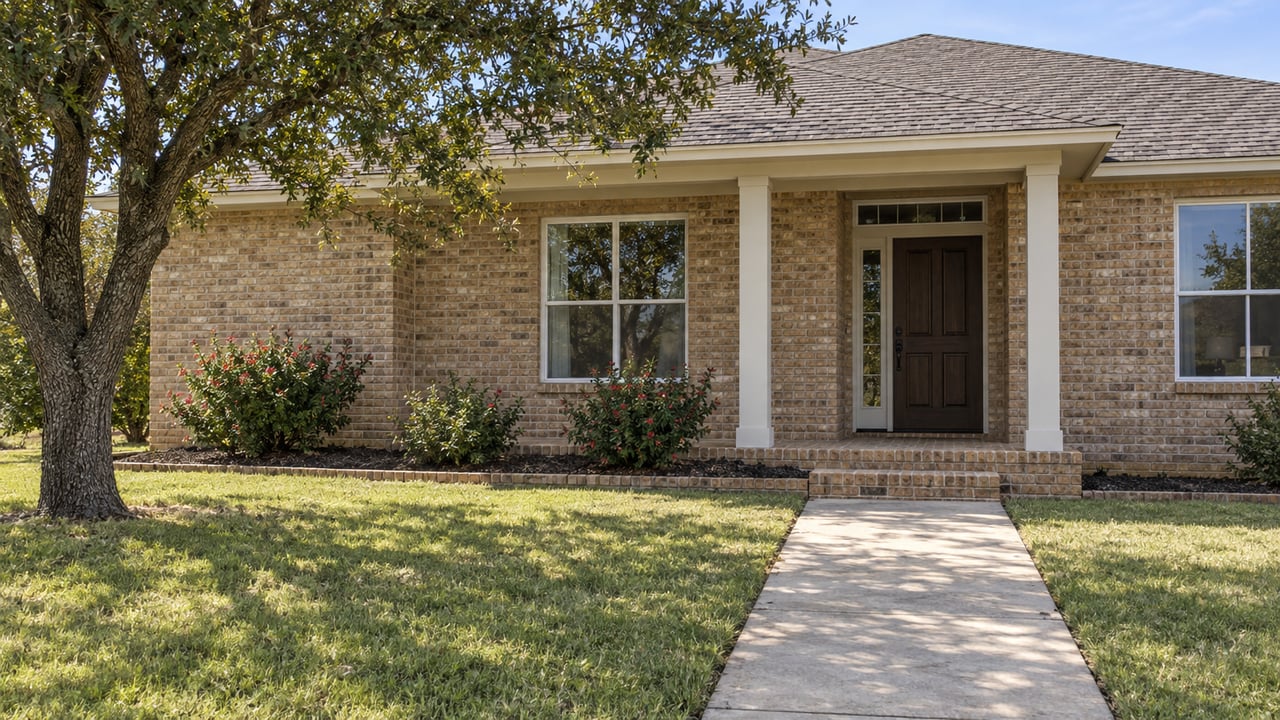 Single-story buff-brick home with a covered white-post porch, deep front lawn and an established shade tree.